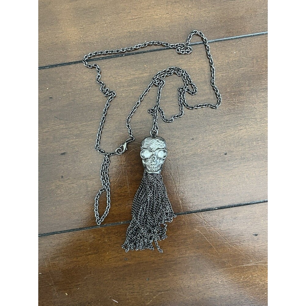 Gothic Gunmetal Sugar Skull Tassel Long Chain Necklace Crystal Eyes 36"